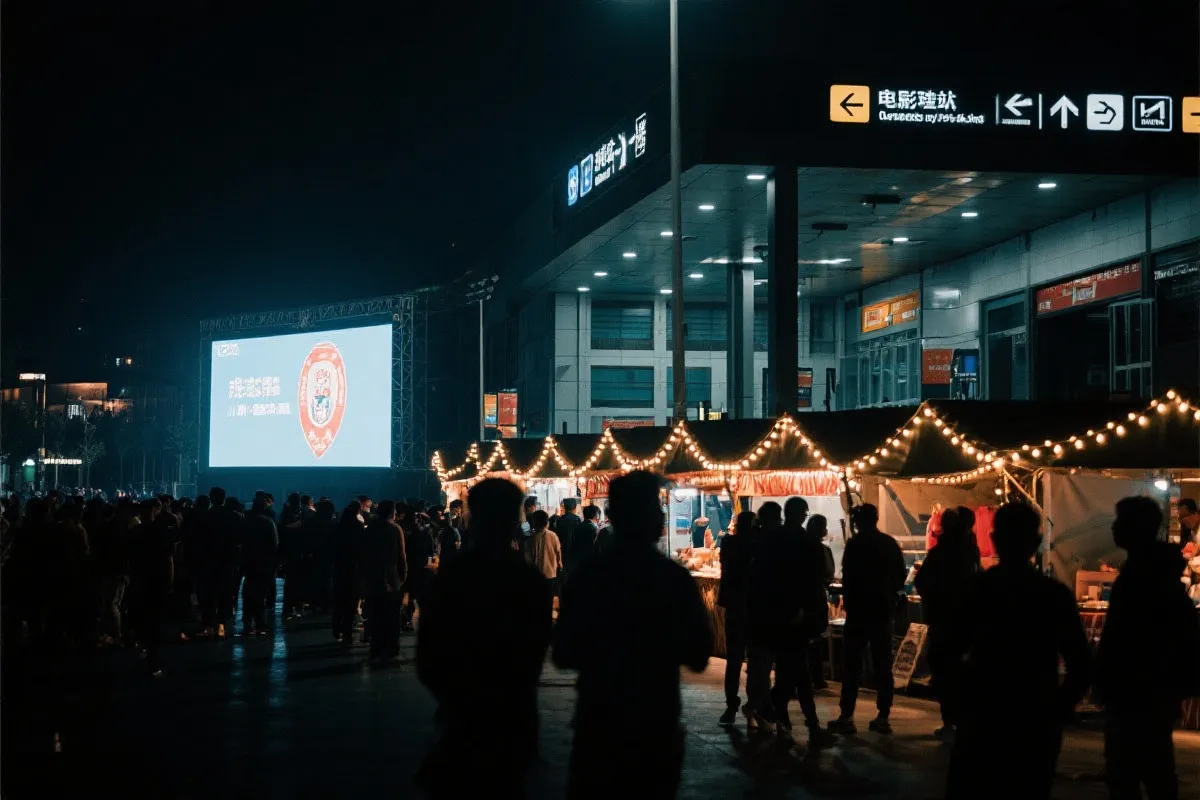 费城球迷广场夜景：大屏观赛人群、步行指示牌与公共交通入口